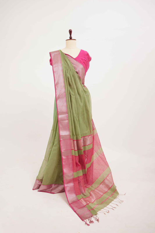 Green & Pink Striped Maheshwari Cotton Silk Saree with Pink Zari Border