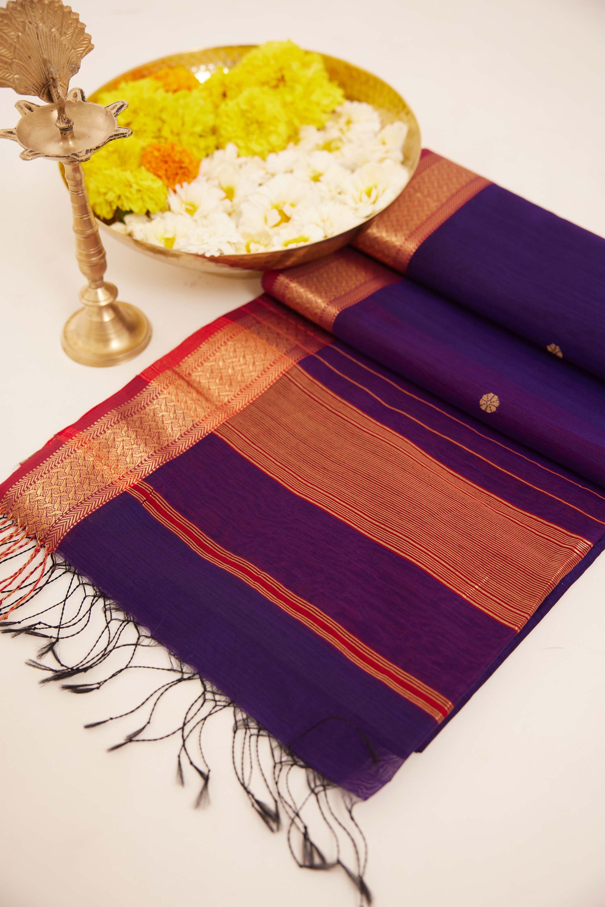 Purple Maheshwari Cotton Silk Saree with Gold Buttas & Red Zari Border