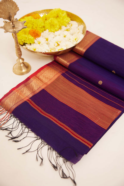 Purple Maheshwari Cotton Silk Saree with Gold Buttas & Red Zari Border