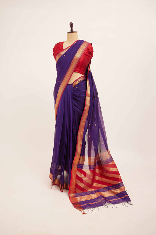 Purple Maheshwari Cotton Silk Saree with Gold Buttas & Red Zari Border