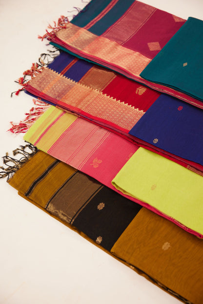 Turquoise Maheshwari Cotton Silk Saree with Gold Buttas & Pink Zari Border