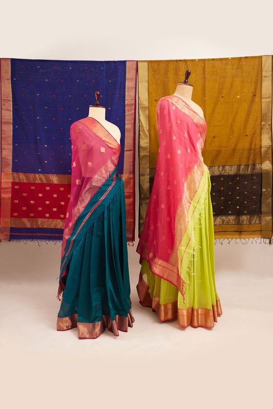 Turquoise Maheshwari Cotton Silk Saree with Gold Buttas & Pink Zari Border