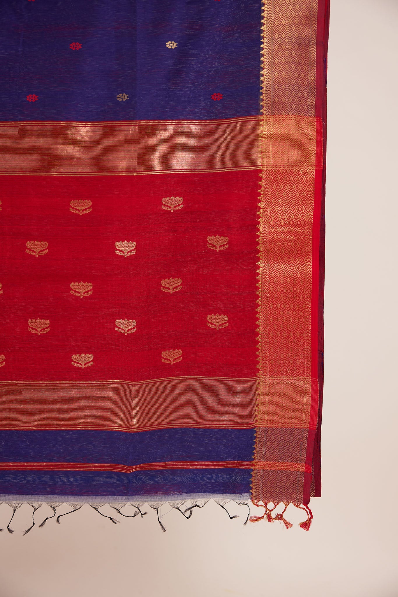 Navy Blue Maheshwari Cotton Silk Saree with Red & Gold Buttas and Red Zari Border