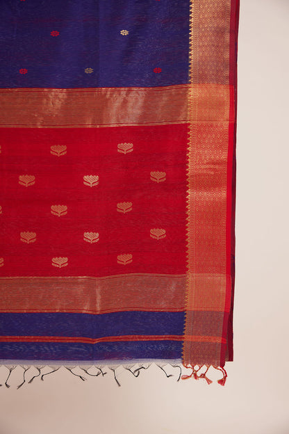 Navy Blue Maheshwari Cotton Silk Saree with Red & Gold Buttas and Red Zari Border
