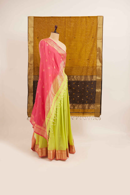 Lime Green Maheshwari Cotton Silk Saree with Gold Buttas & Pink Zari Border