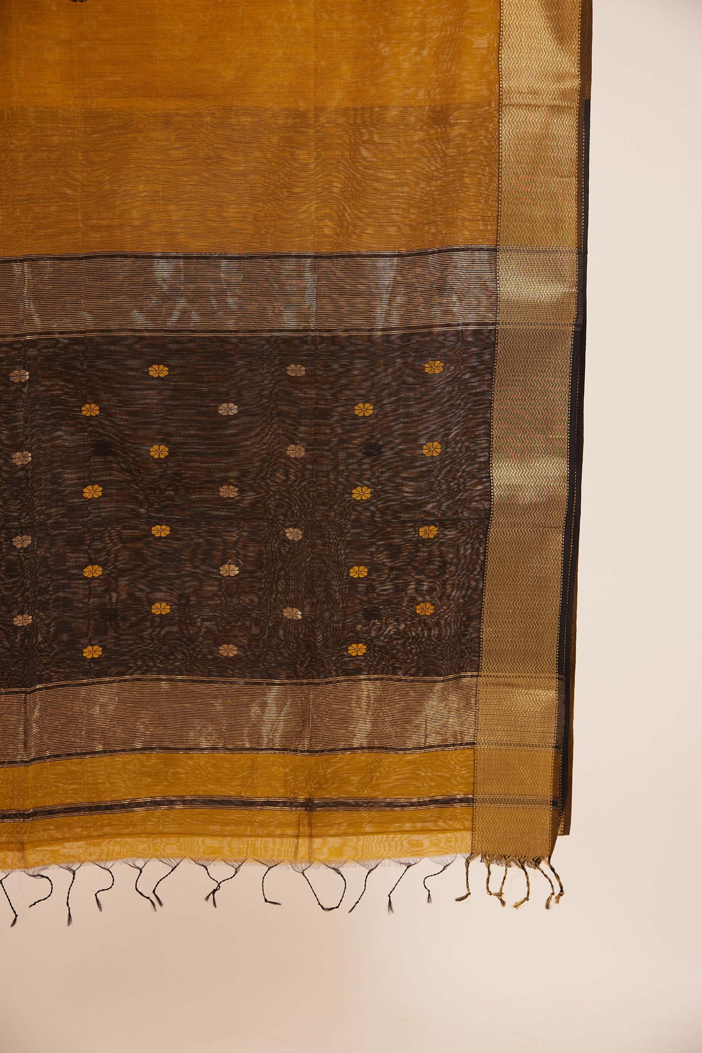 Gold Maheshwari Cotton Silk Saree with Black & Gold Buttas and Black Zari Border