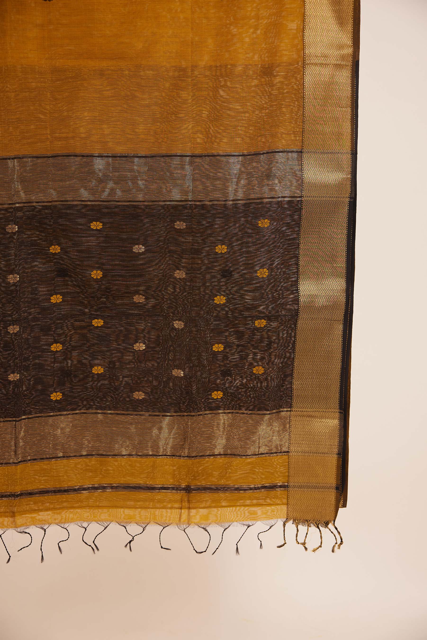 Gold Maheshwari Cotton Silk Saree with Black & Gold Buttas and Black Zari Border