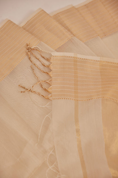White Maheshwari Cotton Silk Saree with Gold Zari Border & Pallu