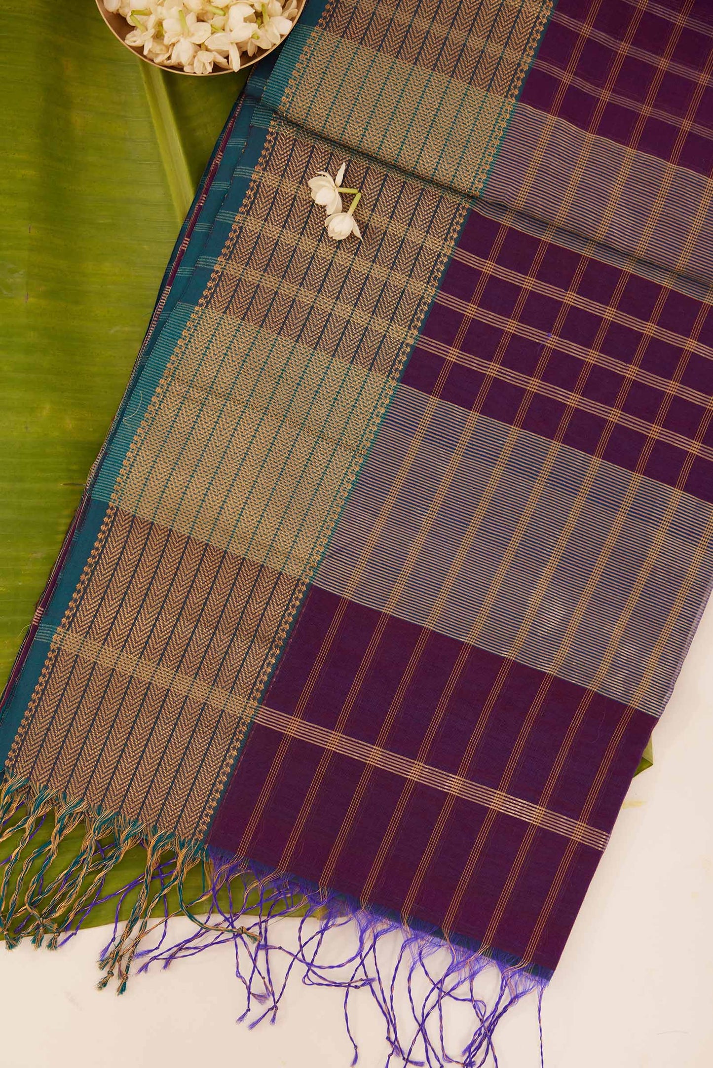 Purple Maheshwari Cotton Silk Saree with Gold Checks & Blue Zari Border