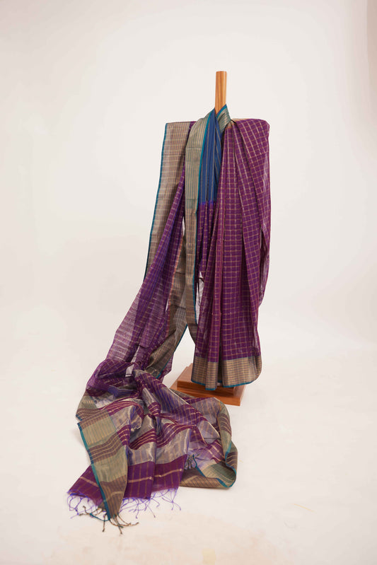 Purple Maheshwari Cotton Silk Saree with Gold Checks & Blue Zari Border