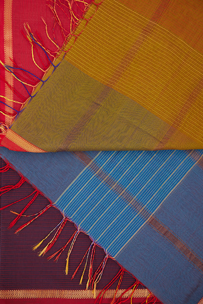 Maheshwari Cotton Silk Dress Material – Wine with Gold Zari Border & Blue Dupatta