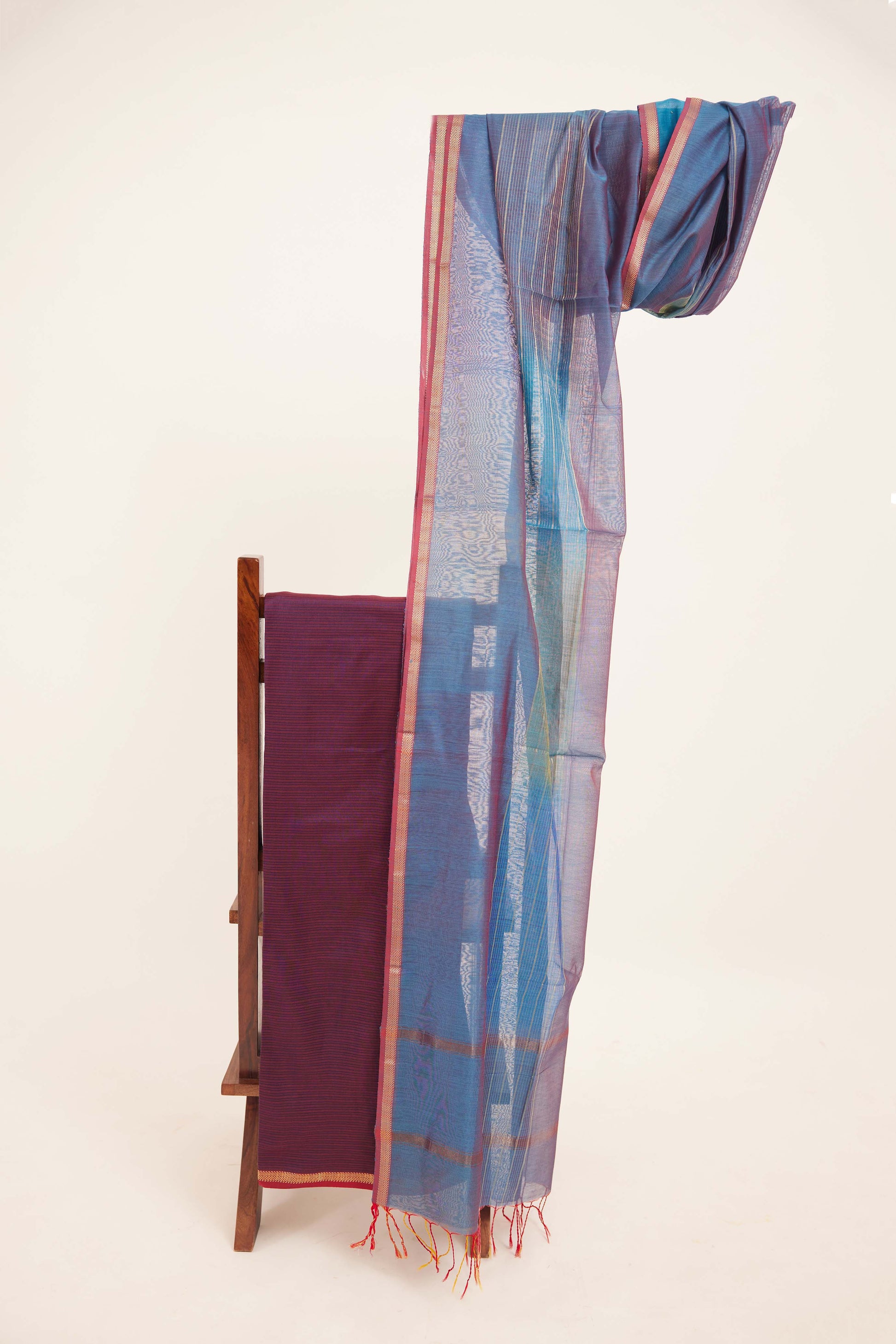 Maheshwari Cotton Silk Dress Material – Wine with Gold Zari Border & Blue Dupatta