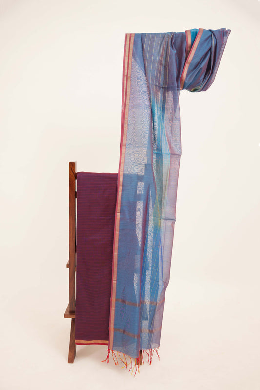 Maheshwari Cotton Silk Dress Material – Wine with Gold Zari Border & Blue Dupatta
