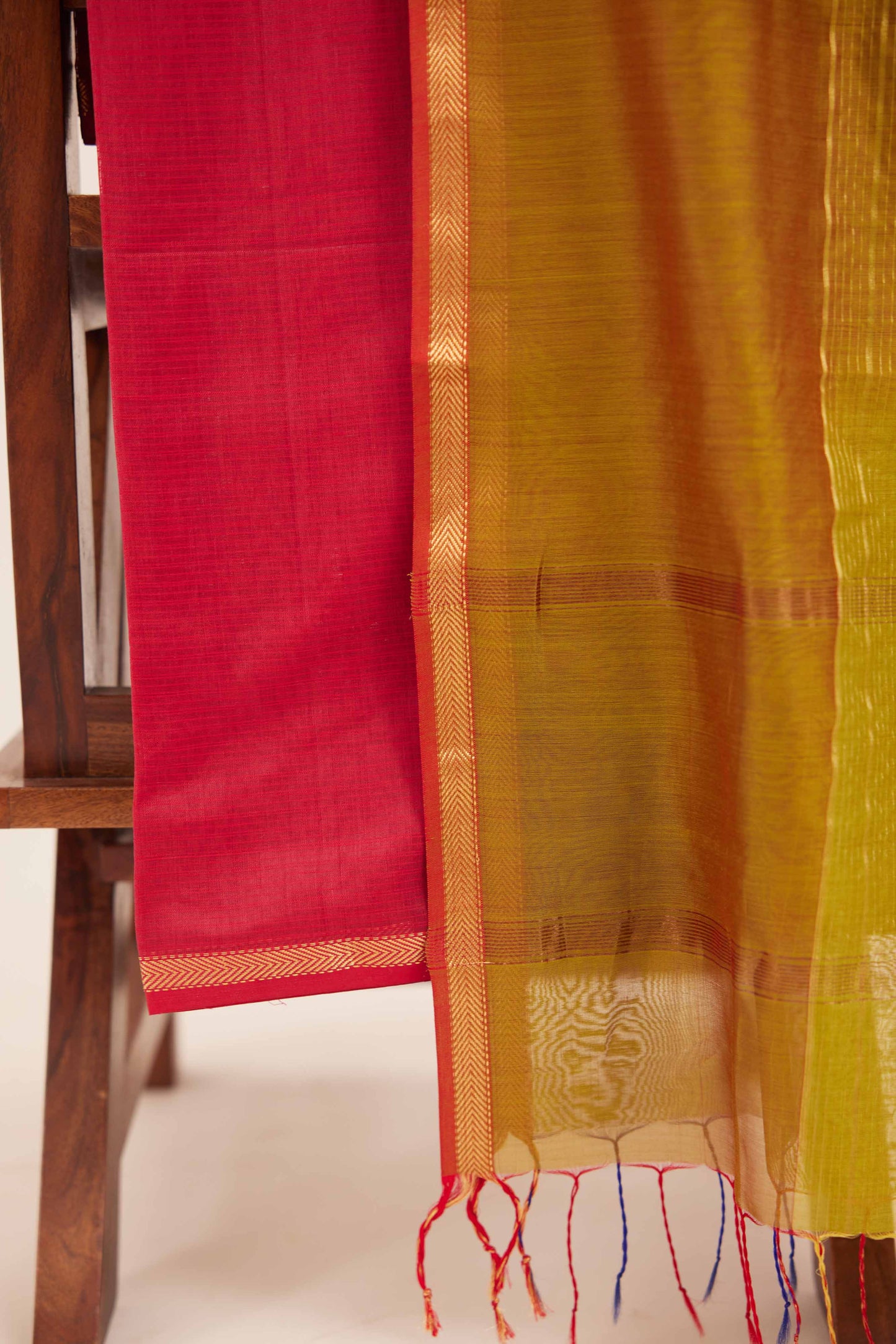 Maheshwari Cotton Silk Dress Material – Pink with Gold Zari Border & Yellow Dupatta