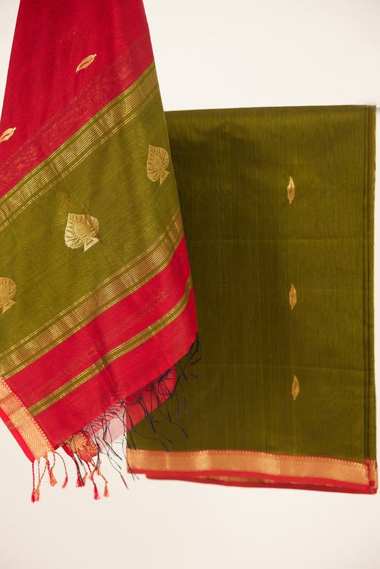 Maheshwari Cotton Silk Dress Material – Olive Green with Gold Buttas & Red-Green Dupatta