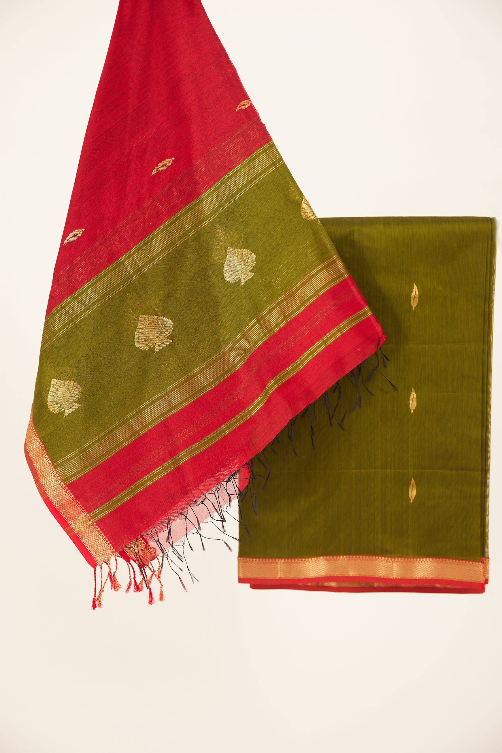 Maheshwari Cotton Silk Dress Material – Olive Green with Gold Buttas & Red-Green Dupatta