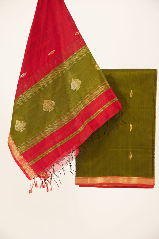 Maheshwari Cotton Silk Dress Material – Olive Green with Gold Buttas & Red-Green Dupatta