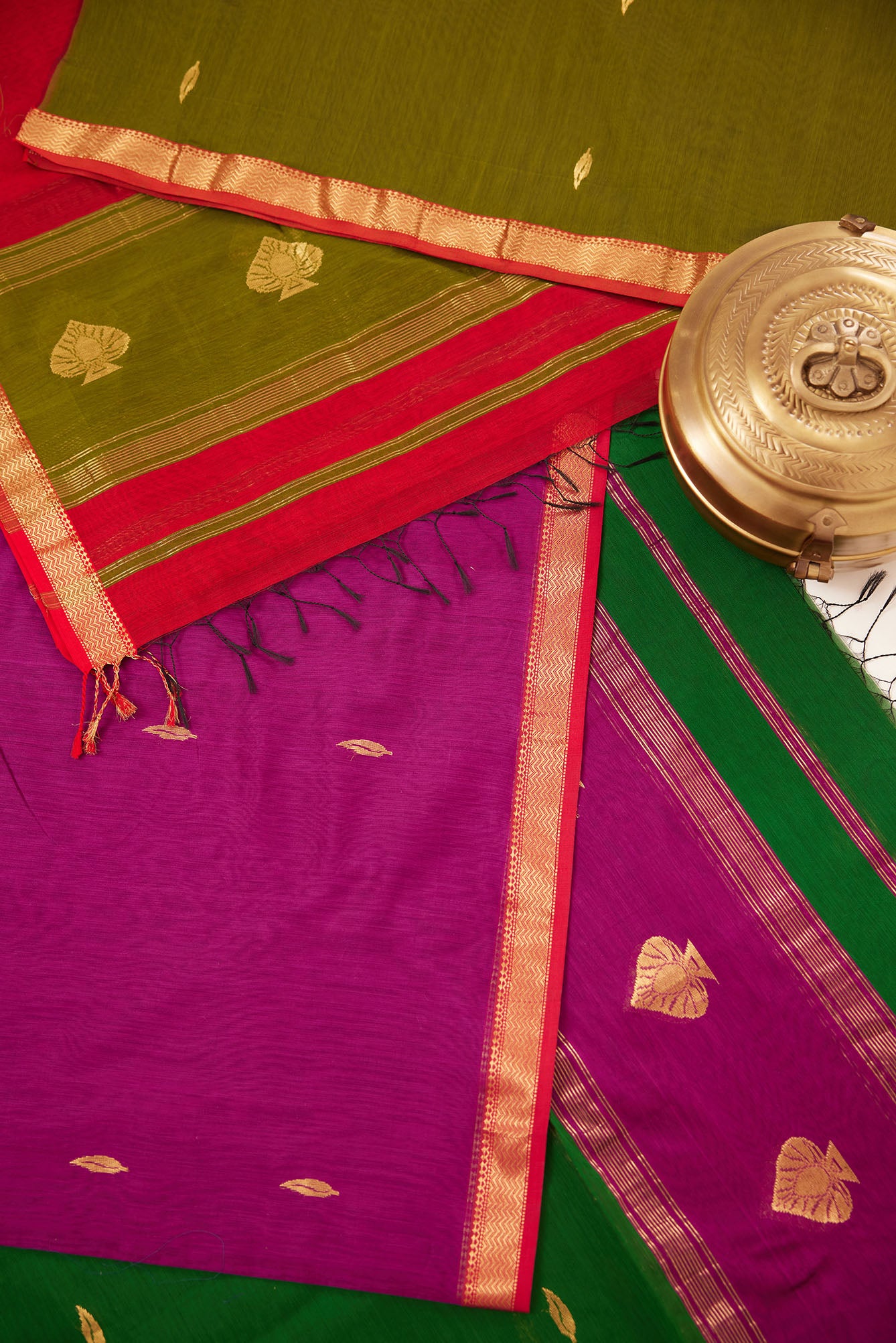 Maheshwari Cotton Silk Dress Material – Olive Green with Gold Buttas & Red-Green Dupatta
