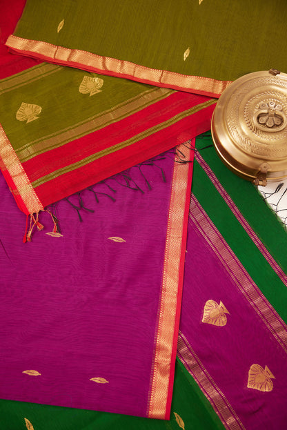 Maheshwari Cotton Silk Dress Material – Olive Green with Gold Buttas & Red-Green Dupatta