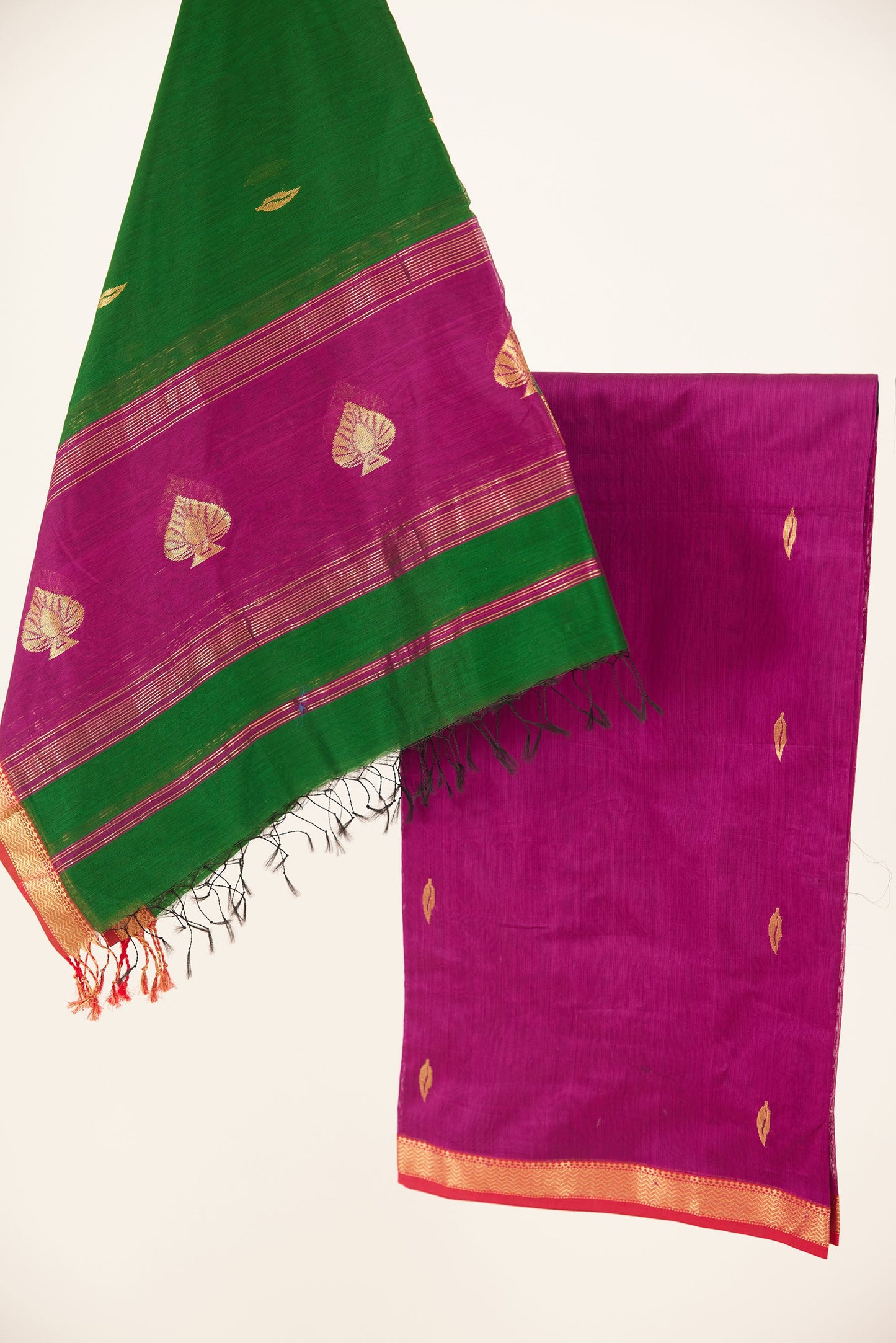 Maheshwari Cotton Silk Dress Material – Purple with Gold Buttas & Green-Purple Dupatta