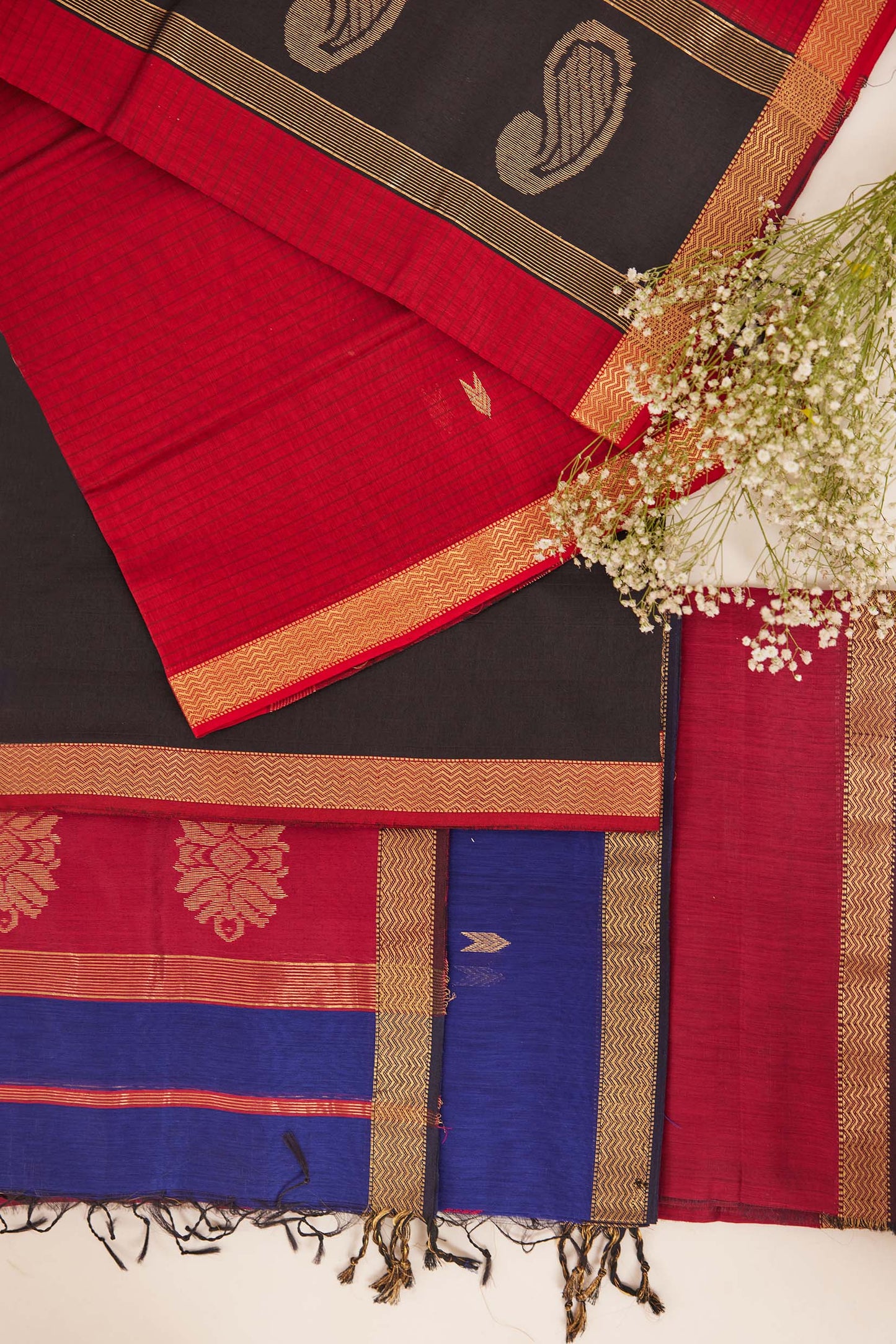 Maheshwari Cotton Silk Dress Material – Black with Gold Zari & Red-Black Dupatta