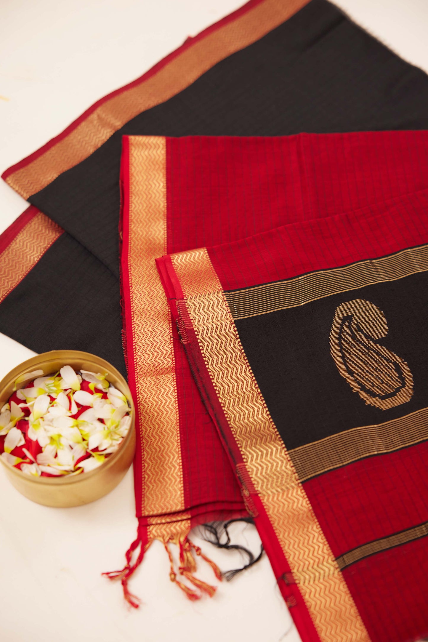 Maheshwari Cotton Silk Dress Material – Black with Gold Zari & Red-Black Dupatta