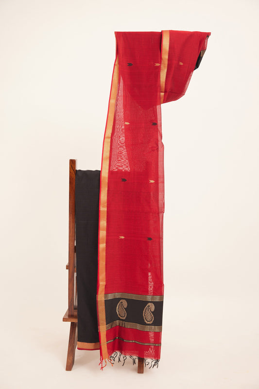 Maheshwari Cotton Silk Dress Material – Black with Gold Zari & Red-Black Dupatta