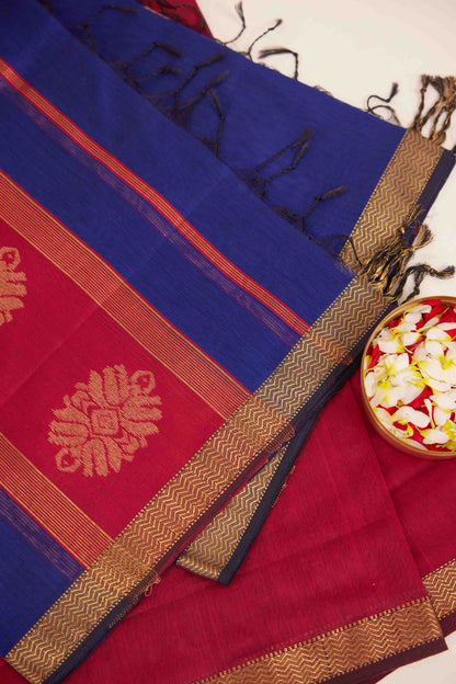 Maheshwari Cotton Silk Dress Material – Pink with Gold Zari & Blue-Pink Dupatta