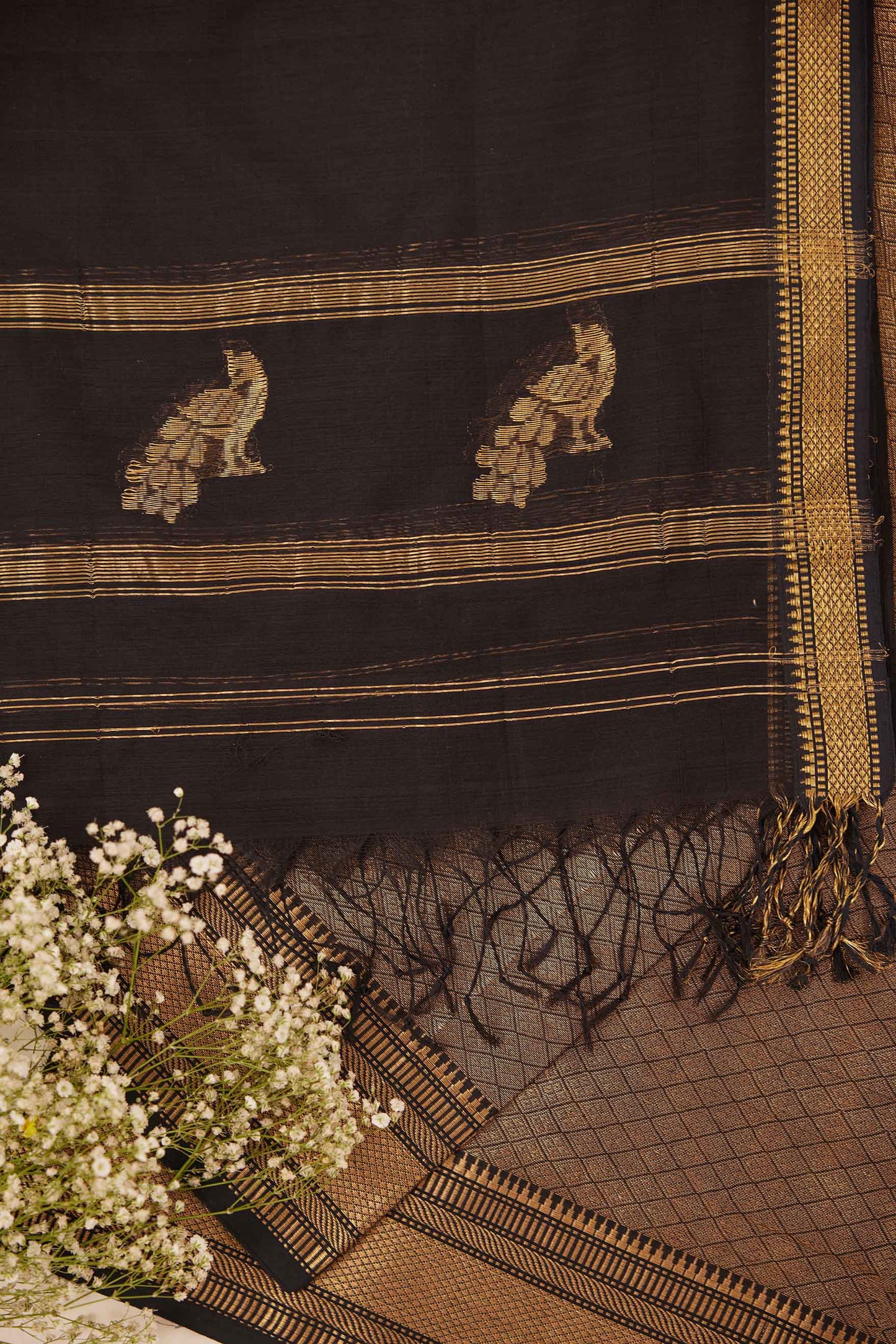 Maheshwari Cotton Silk Dress Material – Black with Gold Zari Weave & Dupatta