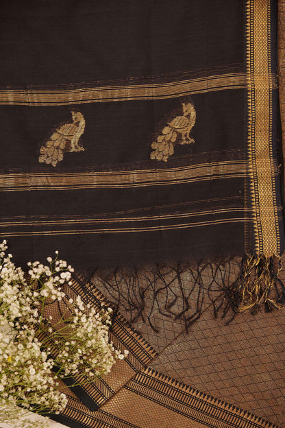 Maheshwari Cotton Silk Dress Material – Black with Gold Zari Weave & Dupatta