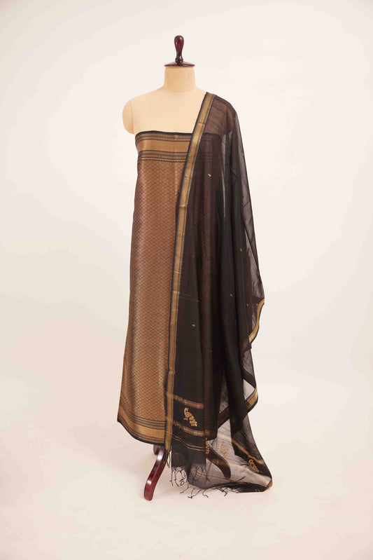 Maheshwari Cotton Silk Dress Material – Black with Gold Zari Weave & Dupatta