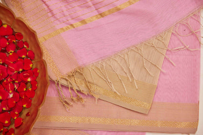 Maheshwari Cotton Silk Dress Material – Pink with Gold Zari Border & Beige-Pink Dupatta