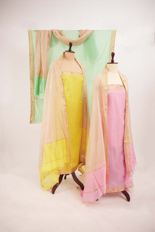 Maheshwari Cotton Silk Dress Material – Pink with Gold Zari Border & Beige-Pink Dupatta