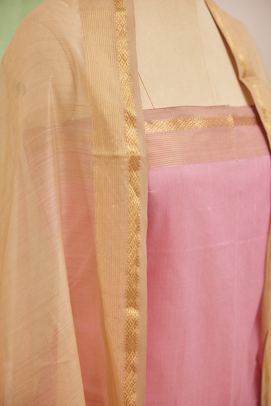 Maheshwari Cotton Silk Dress Material – Pink with Gold Zari Border & Beige-Pink Dupatta