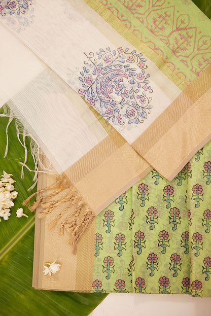 Maheshwari Cotton Silk Dress Material – Green with Block Print & Gold Zari Border