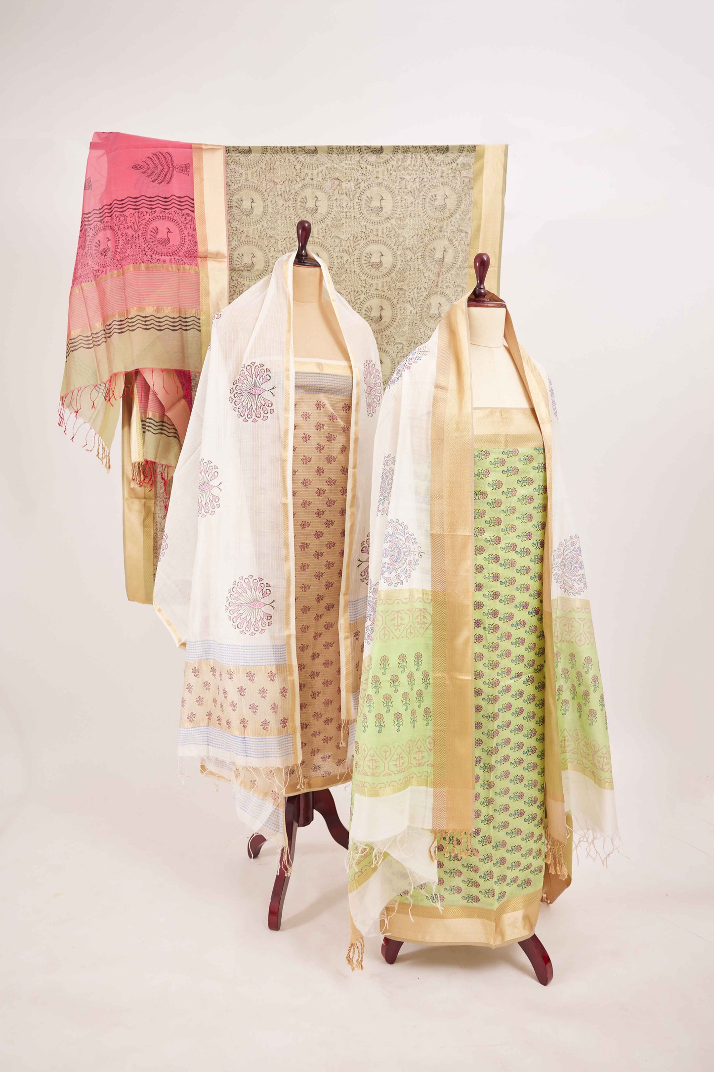 Maheshwari Cotton Silk Dress Material – Green with Block Print & Gold Zari Border