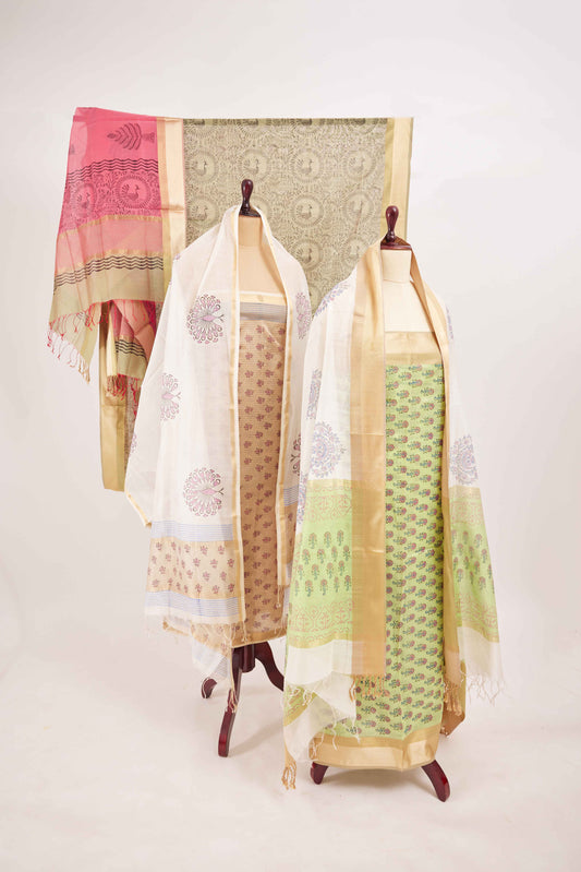 Maheshwari Cotton Silk Dress Material – Green with Block Print & Gold Zari Border
