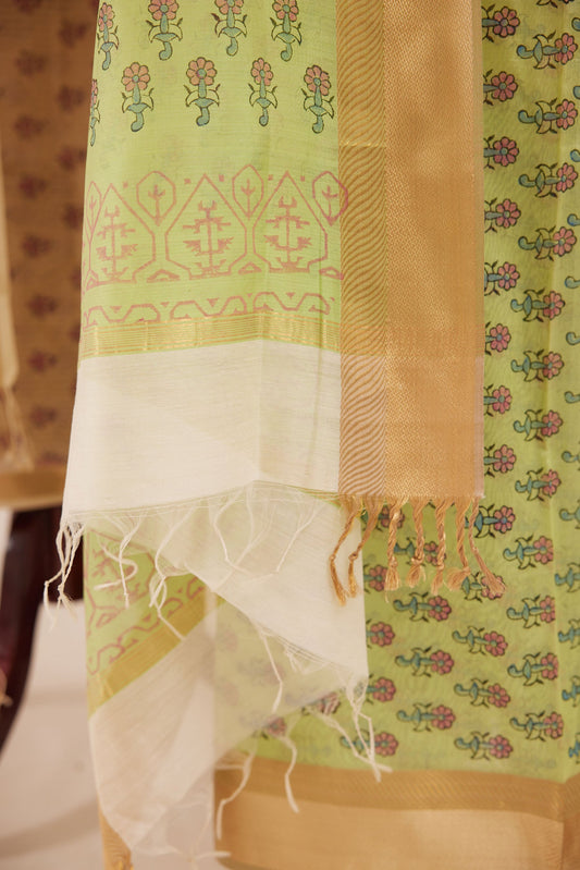 Maheshwari Cotton Silk Dress Material – Green with Block Print & Gold Zari Border