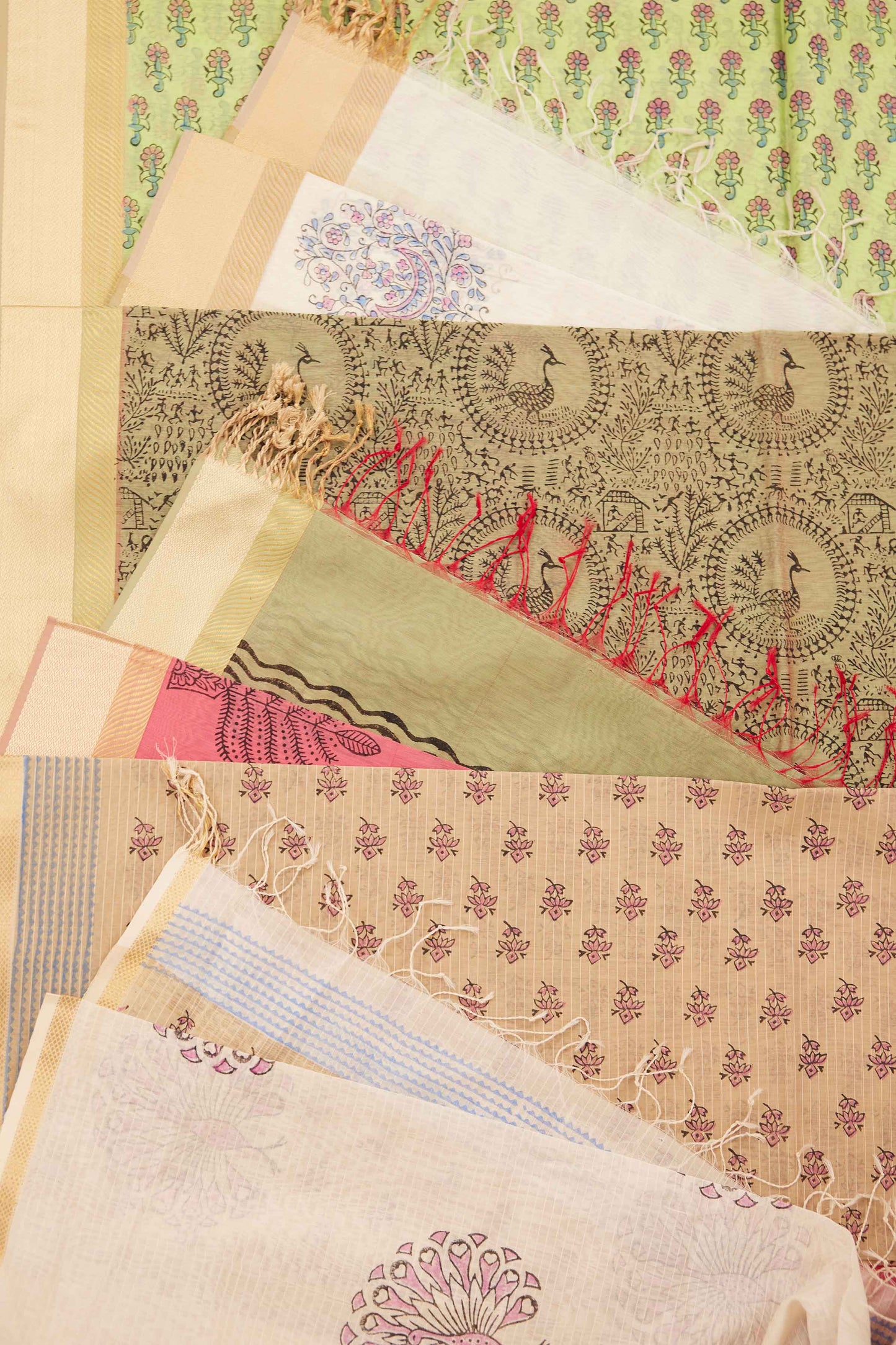 Maheshwari Cotton Silk Dress Material – Green with Block Print & Gold Zari Border