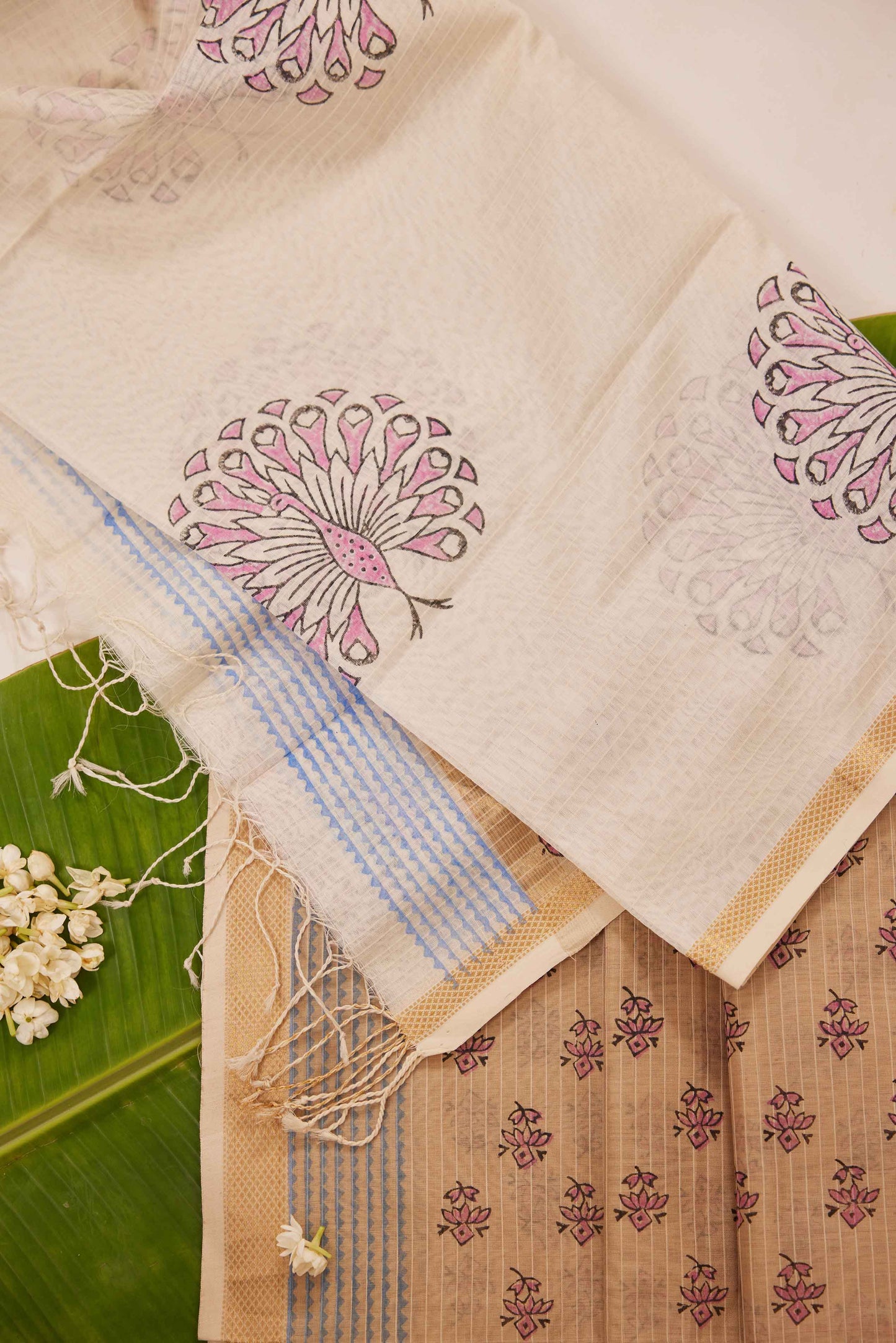 Maheshwari Cotton Silk Dress Material – Green with Block Print & Gold Zari Border