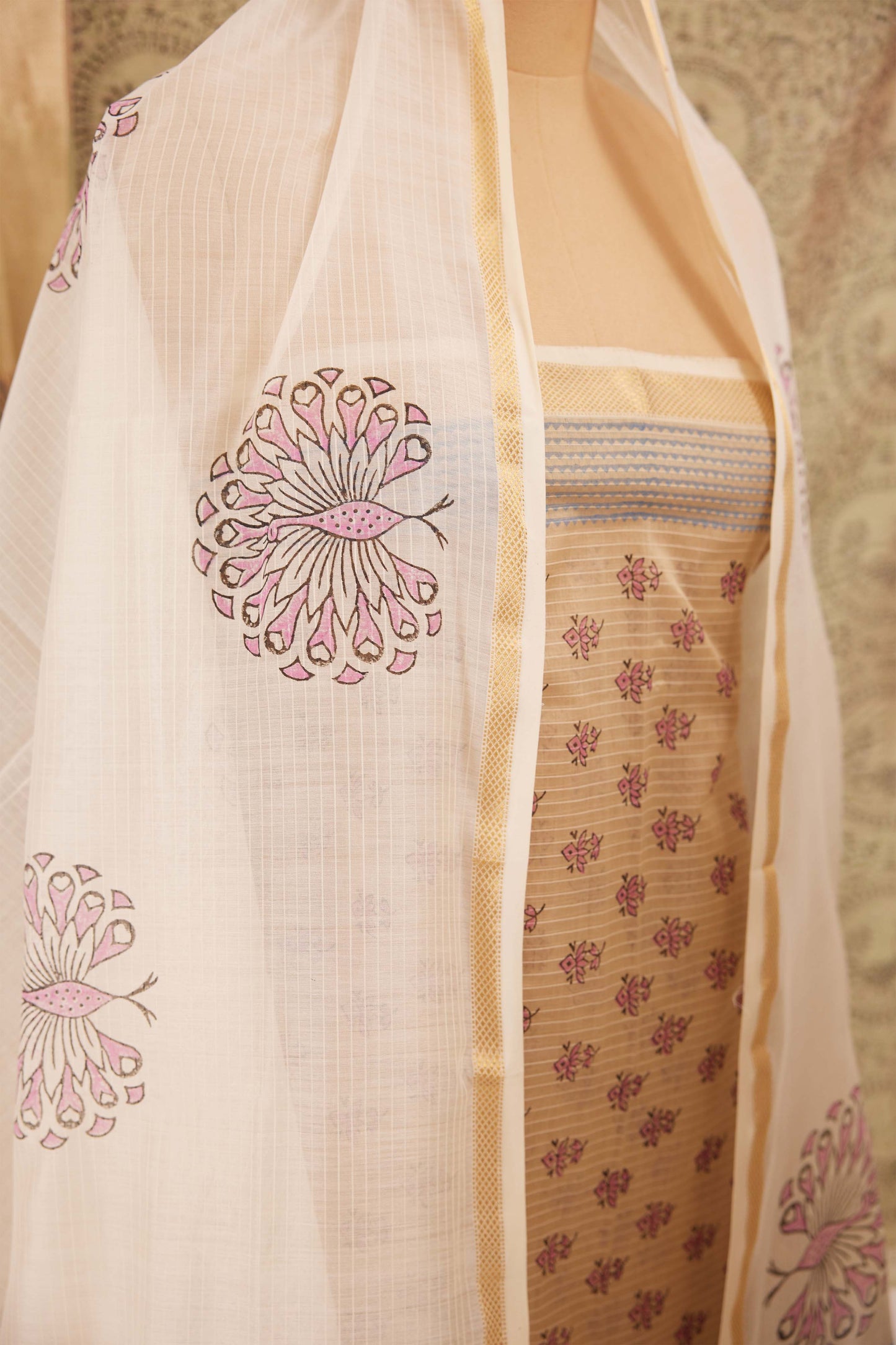 Maheshwari Cotton Silk Dress Material – Peach with Block Print & Gold Zari Border