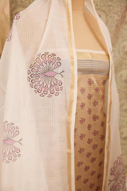 Maheshwari Cotton Silk Dress Material – Peach with Block Print & Gold Zari Border