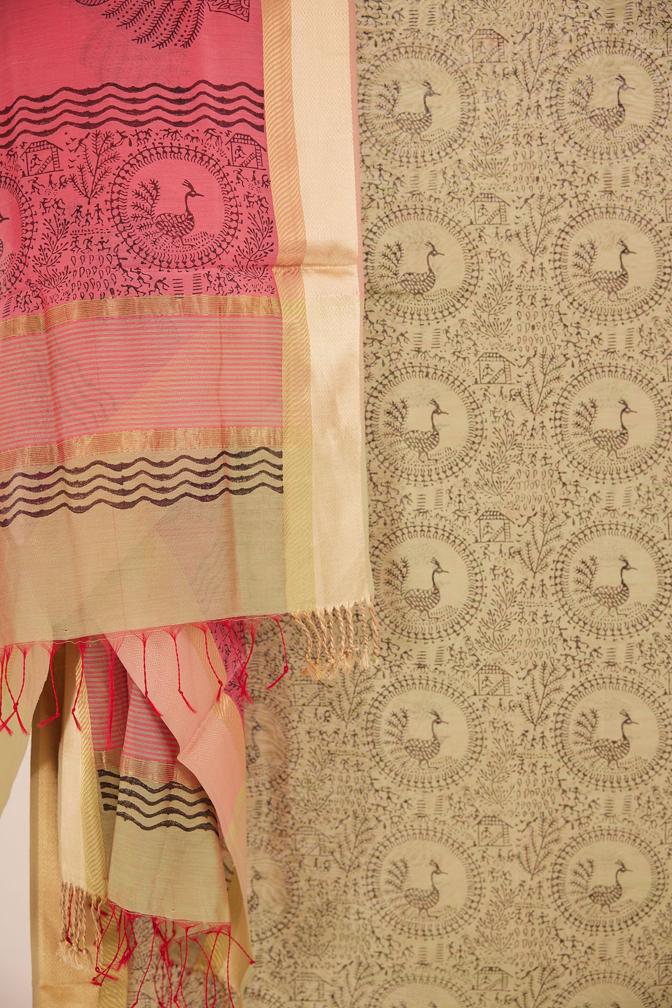 Maheshwari Cotton Silk Dress Material – Olive Green with Block Print & Gold Zari Border