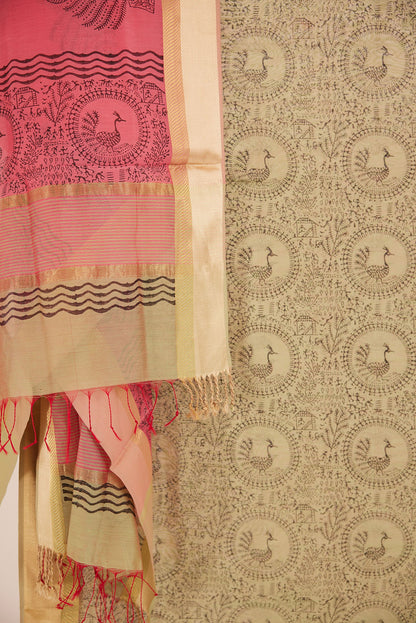 Maheshwari Cotton Silk Dress Material – Olive Green with Block Print & Gold Zari Border