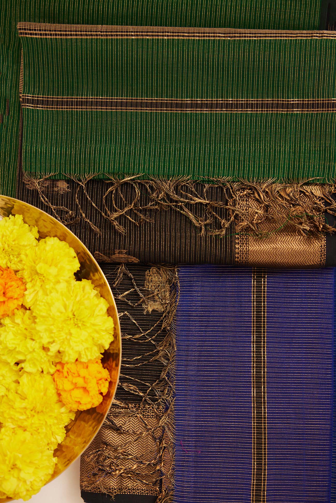 Green Maheshwari Tissue Silk Saree with Gold Buttas & Black Zari Border