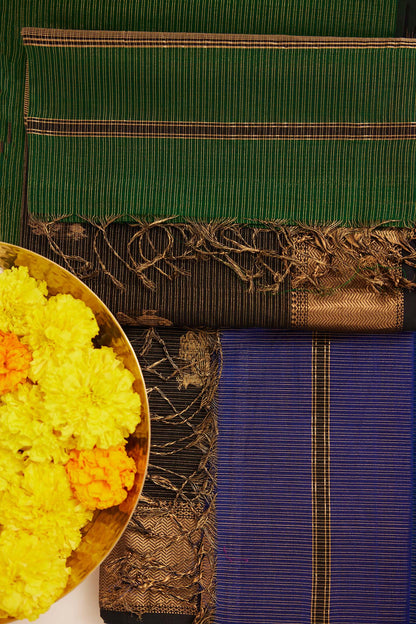Green Maheshwari Tissue Silk Saree with Gold Buttas & Black Zari Border
