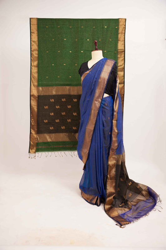 Green Maheshwari Tissue Silk Saree with Gold Buttas & Black Zari Border