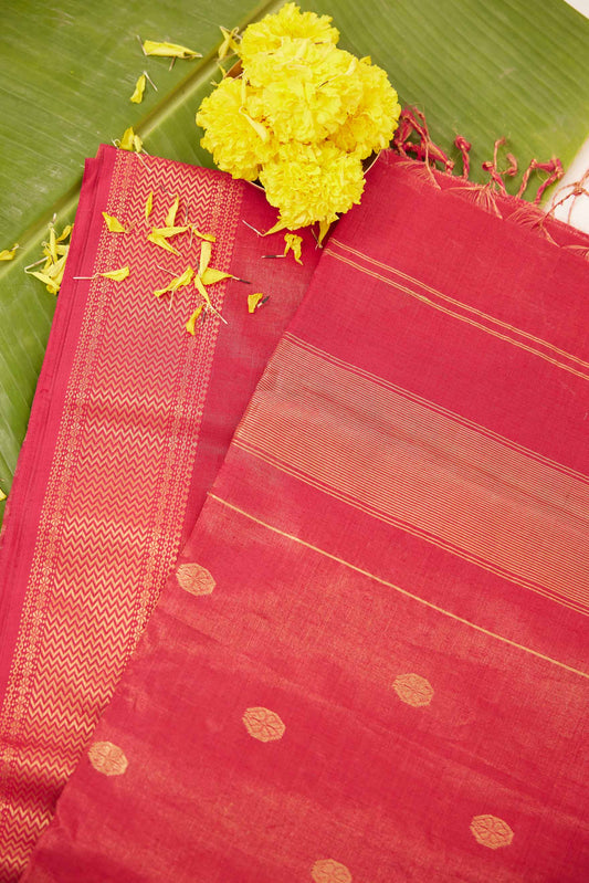 Red Maheshwari Tissue Silk Saree with Gold Buttas & Zari Border