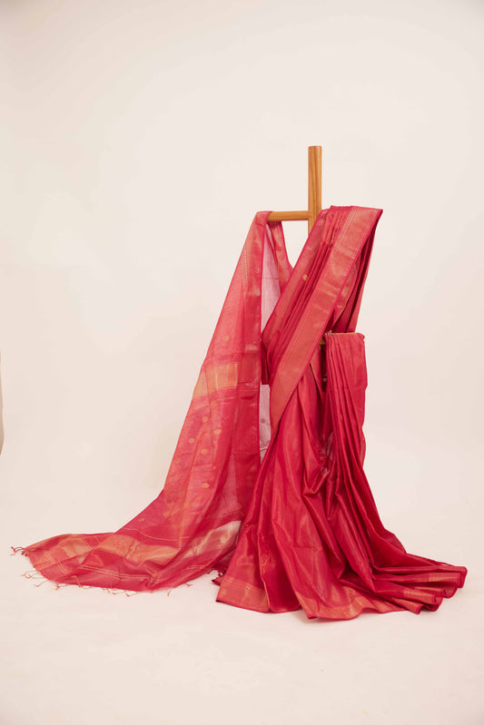 Red Maheshwari Tissue Silk Saree with Gold Buttas & Zari Border