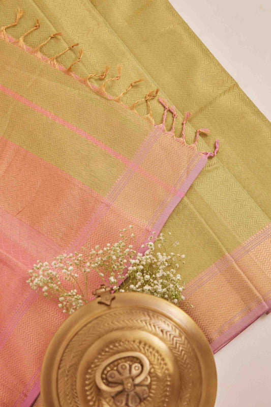 Green Maheshwari Tissue Silk Saree with Pink & Gold Zari Pallu